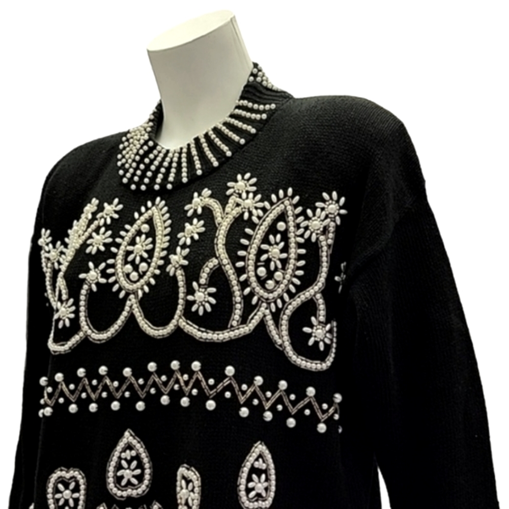 VINTAGE 1980s Margules Beaded Pearl Sweater S Oversized Holiday Christmas Glam - Picture 10 of 17